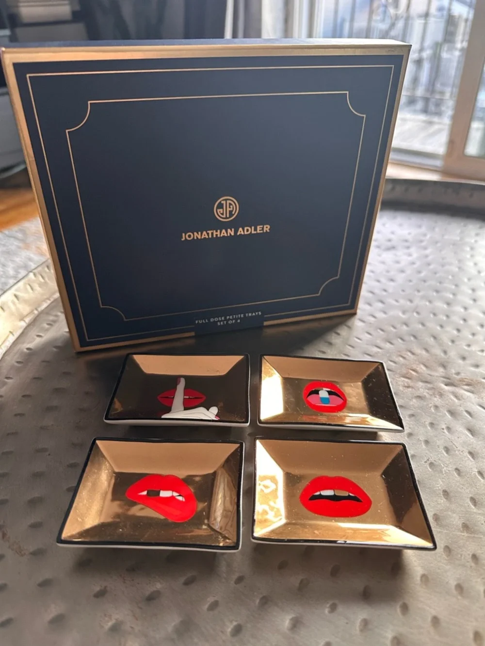 Jonathan Adler Gold Accent Petite Tray Set with Red Lip Motif